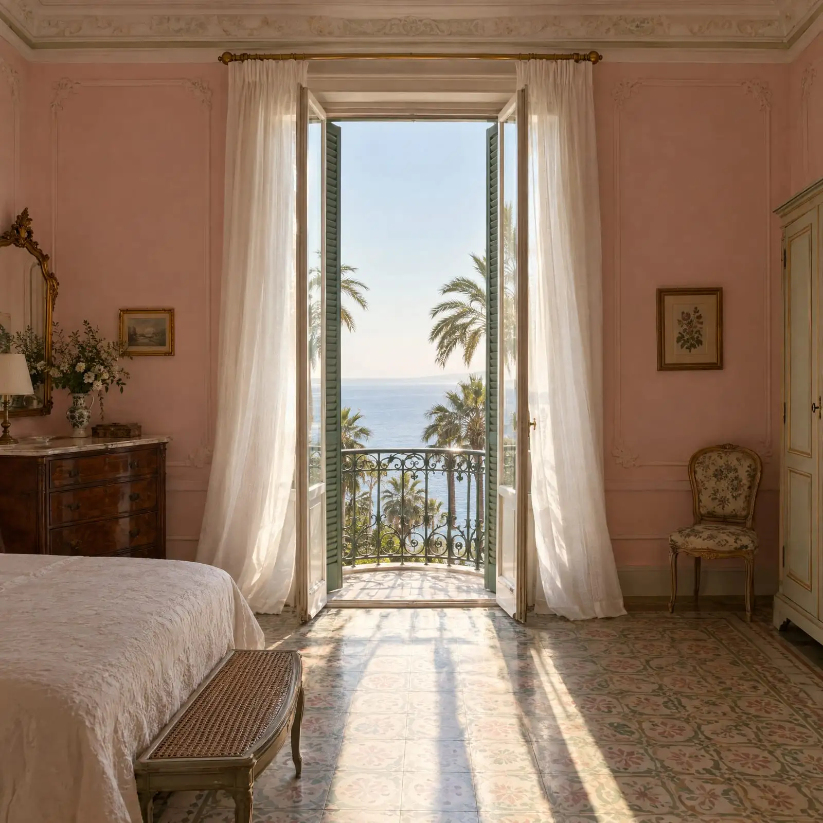 Camera della villa con la porta finestra aperta sul balcone, le palme e il mare