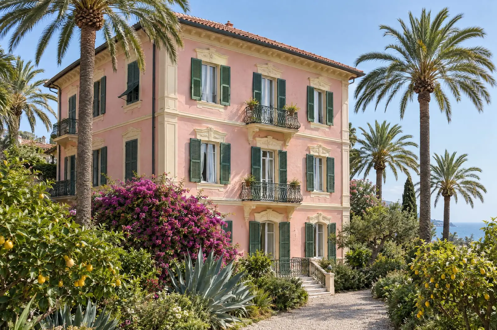 La facciata rosa della villa con le persiane verdi, tra palme e bouganville