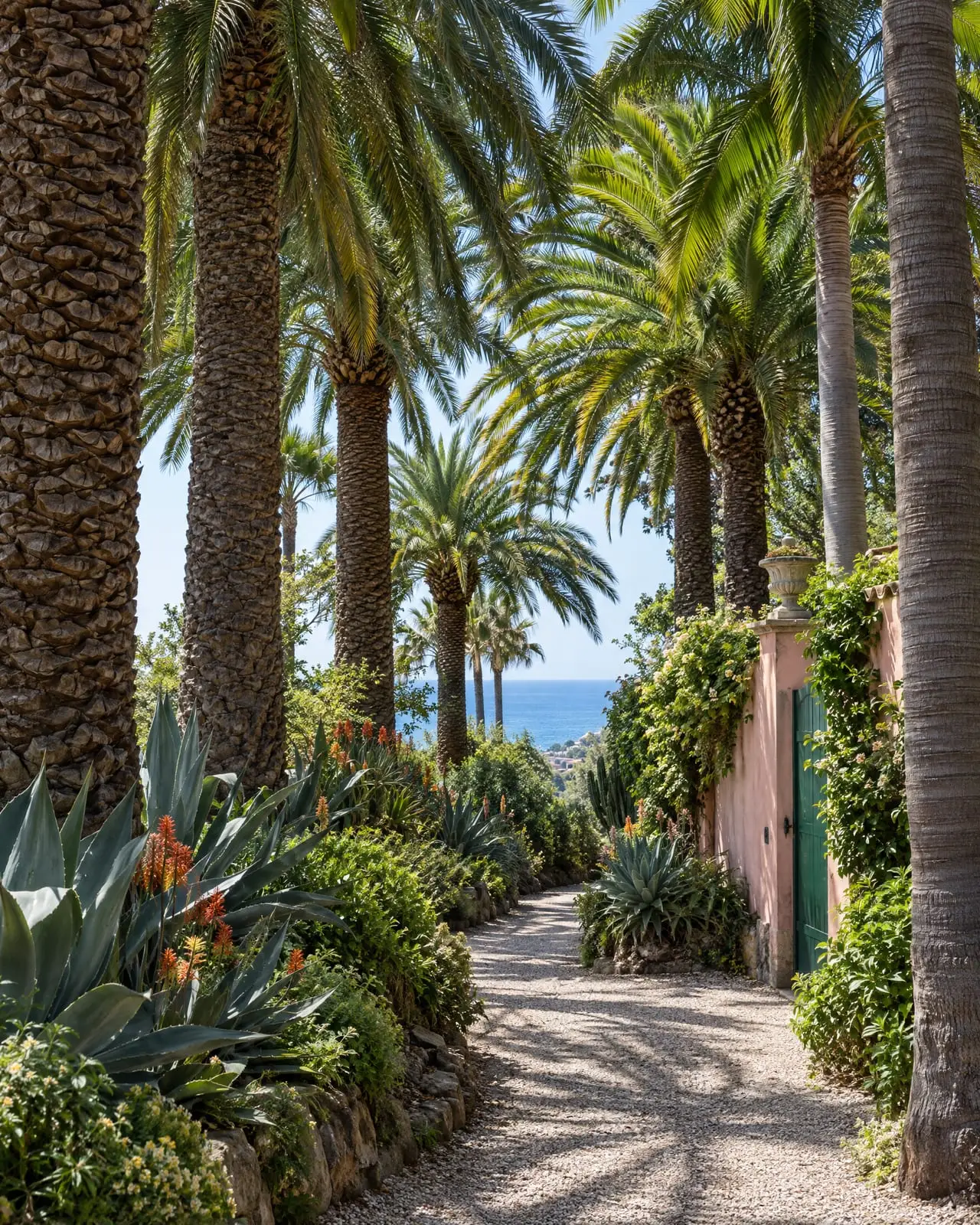 Vialetto del giardino tra le palme, con uno scorcio di mare