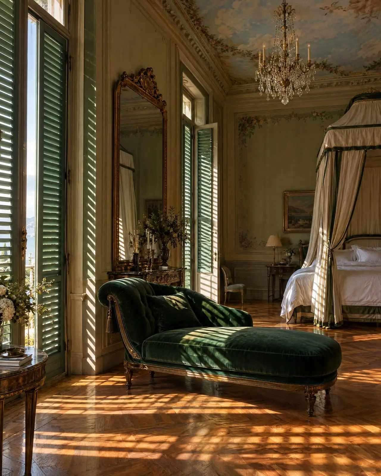 Suite Belle Époque, con la chaise longue di velluto verde e la luce tra le persiane