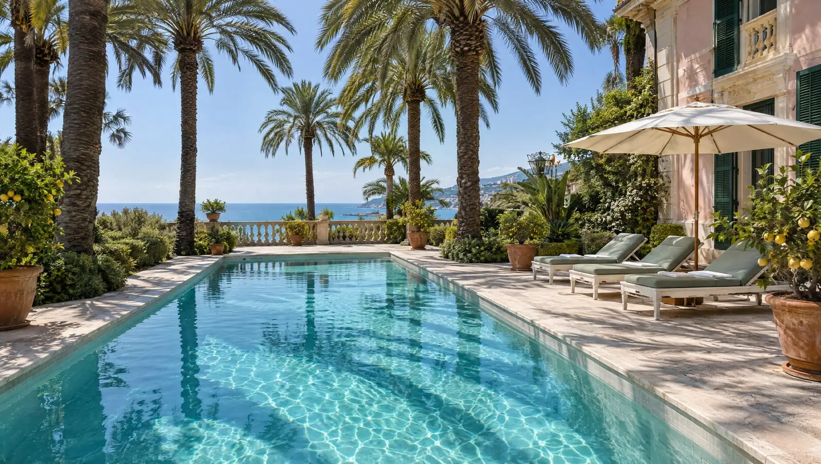 La piscina nel giardino di palme, con i lettini bianchi