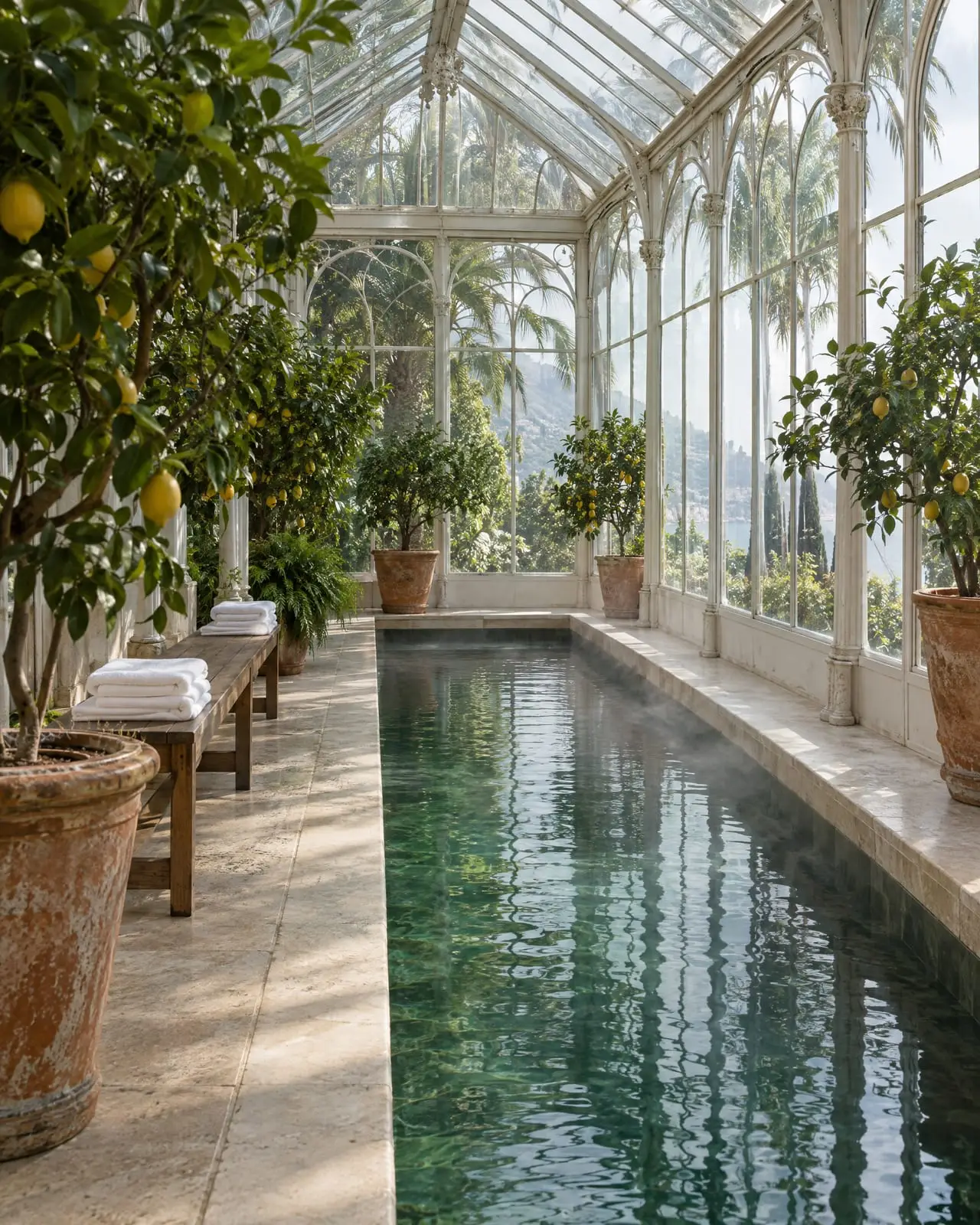 La spa nella vecchia limonaia, con la vasca e le piante di limone