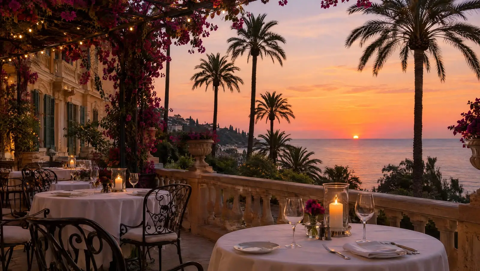 La terrazza del ristorante al tramonto, con le candele accese sui tavoli