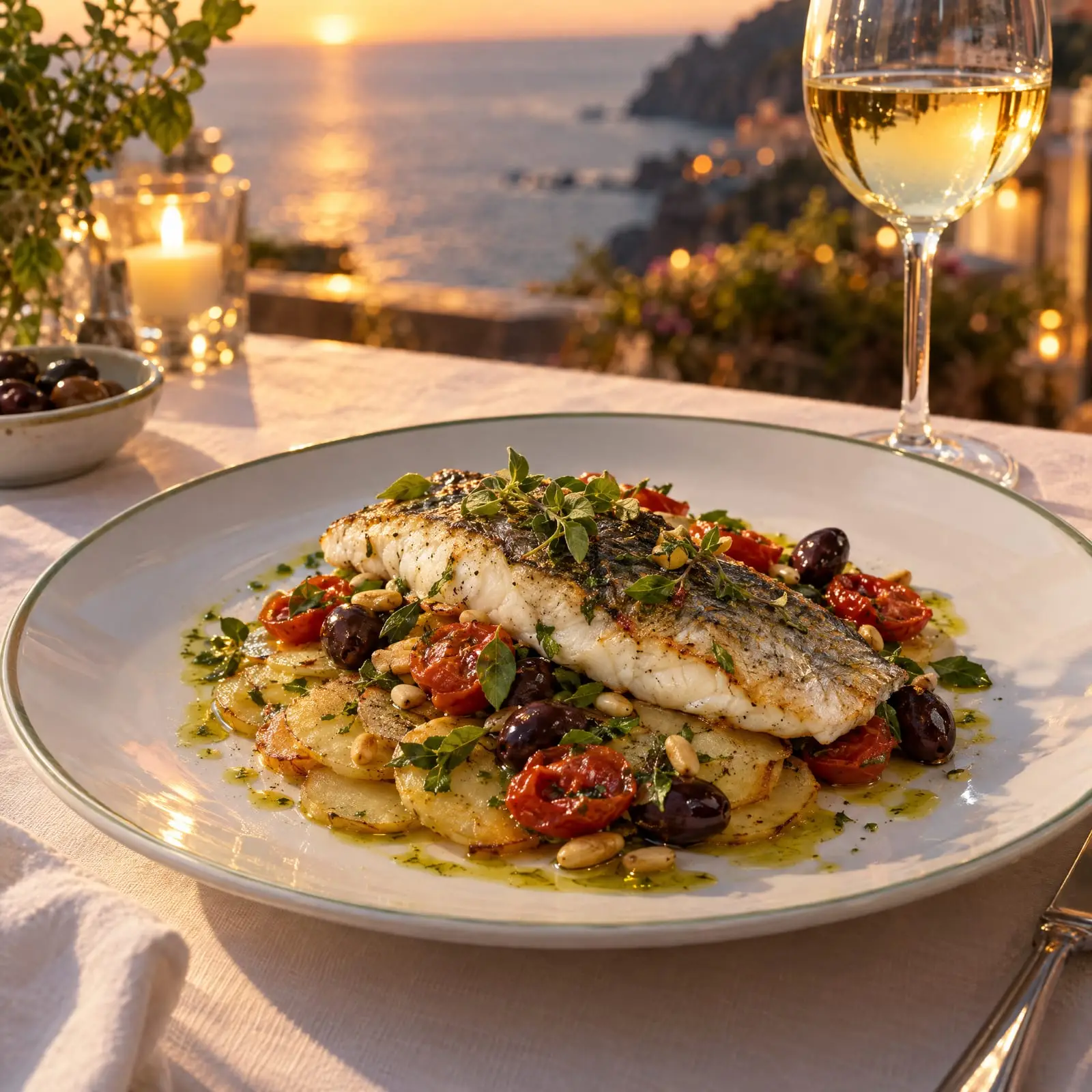 Branzino con patate, olive taggiasche e maggiorana